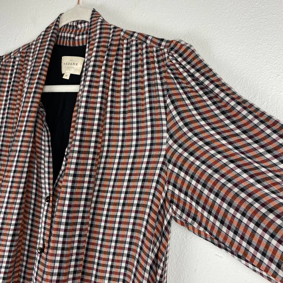 Sezane Selena Dress Lurex Tiles Print Check Tiered Mini Tie Neck Long Sleeve 42 - Picture 5 of 13